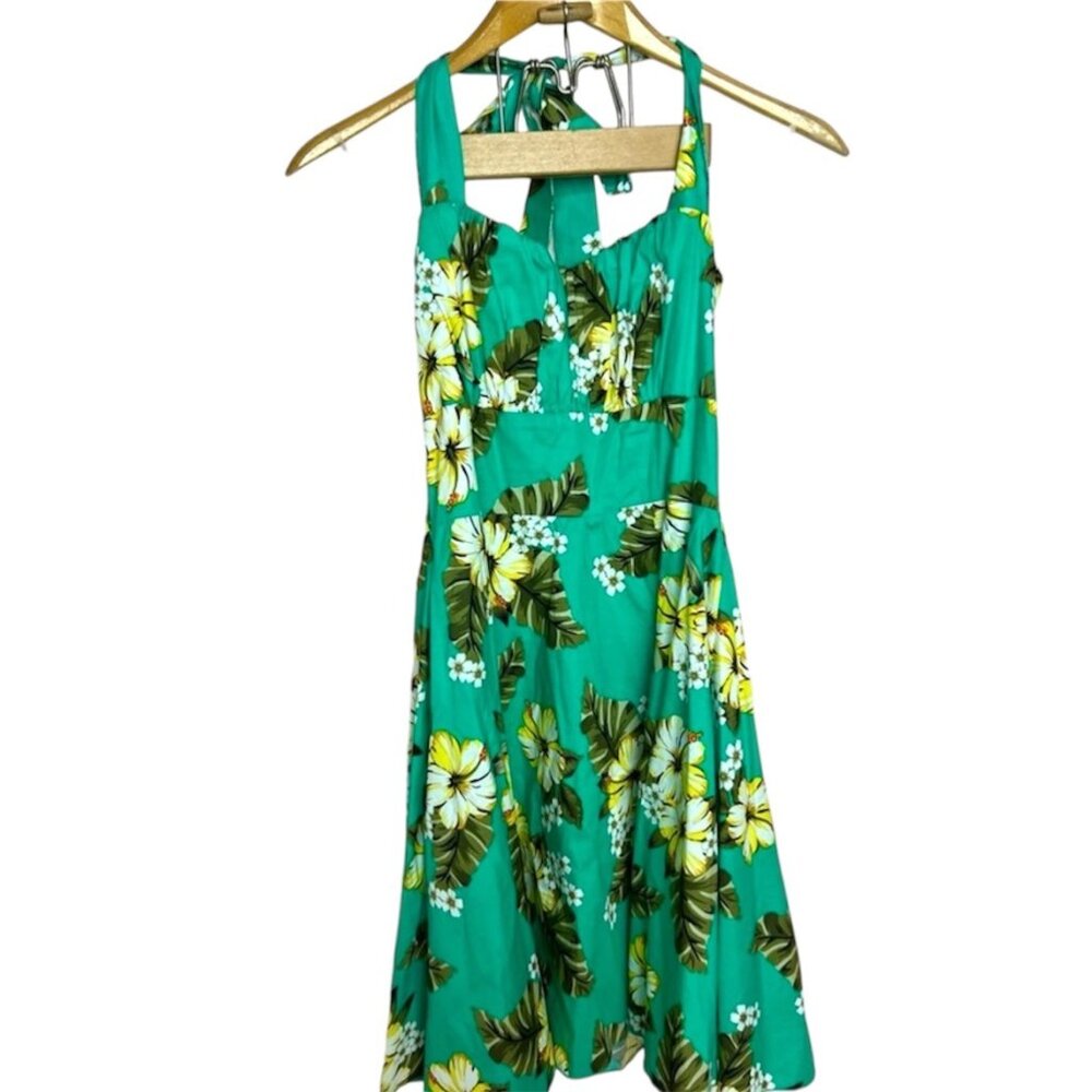 Sara USA Tropical Cotton Halter Dress With Smocked Back Green & Yellow Floral 30